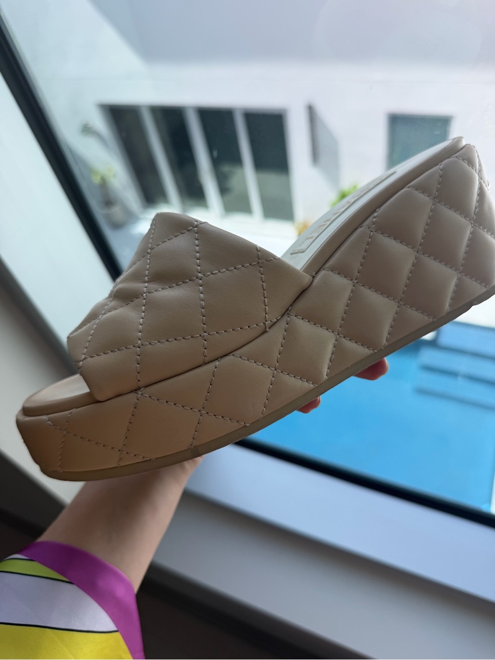 CHANEL Quilted Tan Platform Slide Mules